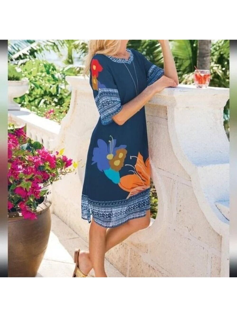 Soft Surroundings 2 PC Hibiscus Floral Blue Dress with Short Sleeves Medium